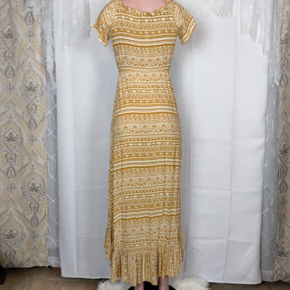 Western Style Mustard Yellow High Low Dress with buttons Ruffle hemline - Picture 10 of 16